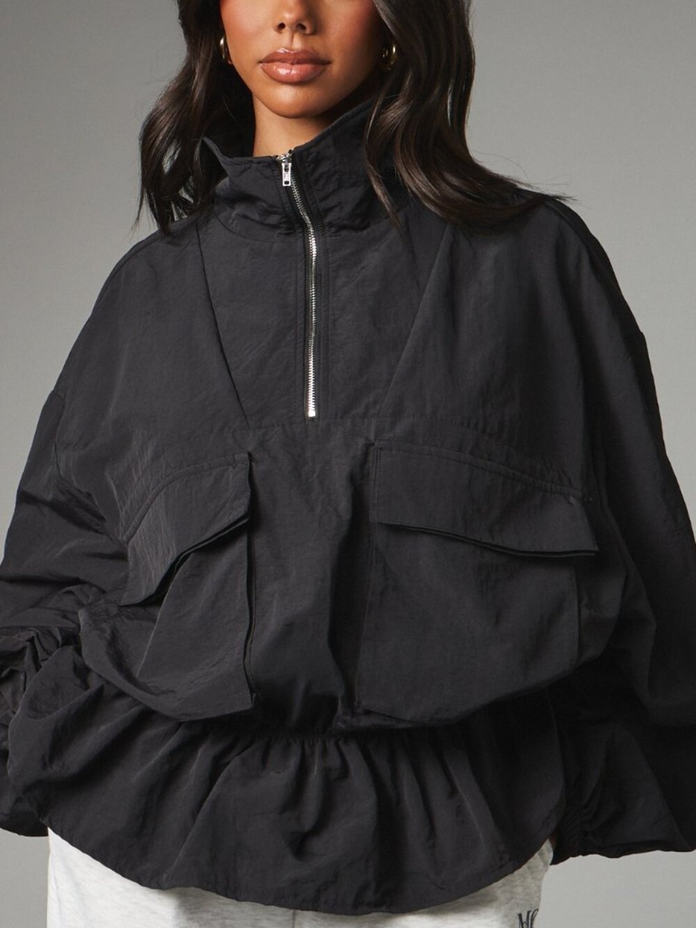 Black Casual Women's Oversized Half-Zip High Neck Pullover Jacket